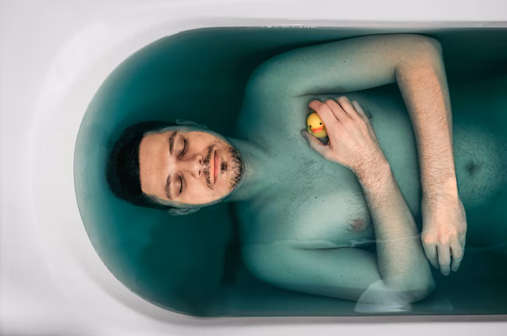 Person relaxing in a serene spa pool during a water therapy session, with gentle ripples and natural light creating a calming atmosphere.