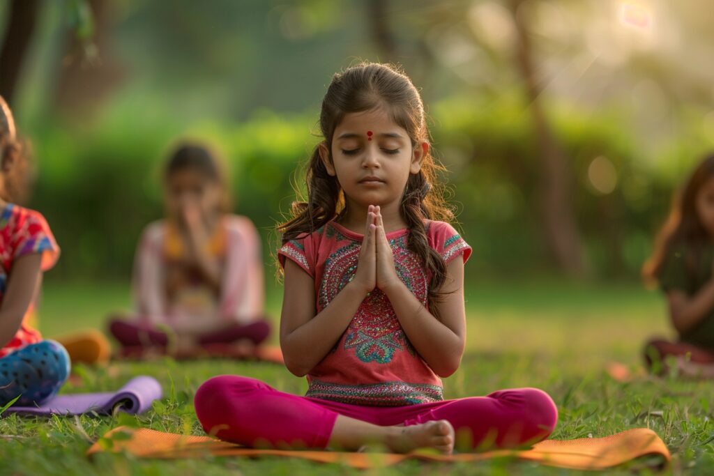 a kid practocong yoga at natureland